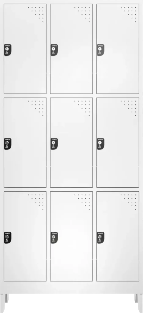 armario de plastico para vestiario roupeiro 9 portas 3 portas por coluna 9 usuarios branco fechadura frontal macam brasil escudo preto com fechadura e chave